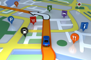 Example of an animated video which shows a colourful map, car on a route and pop up icons of nearby places of interest